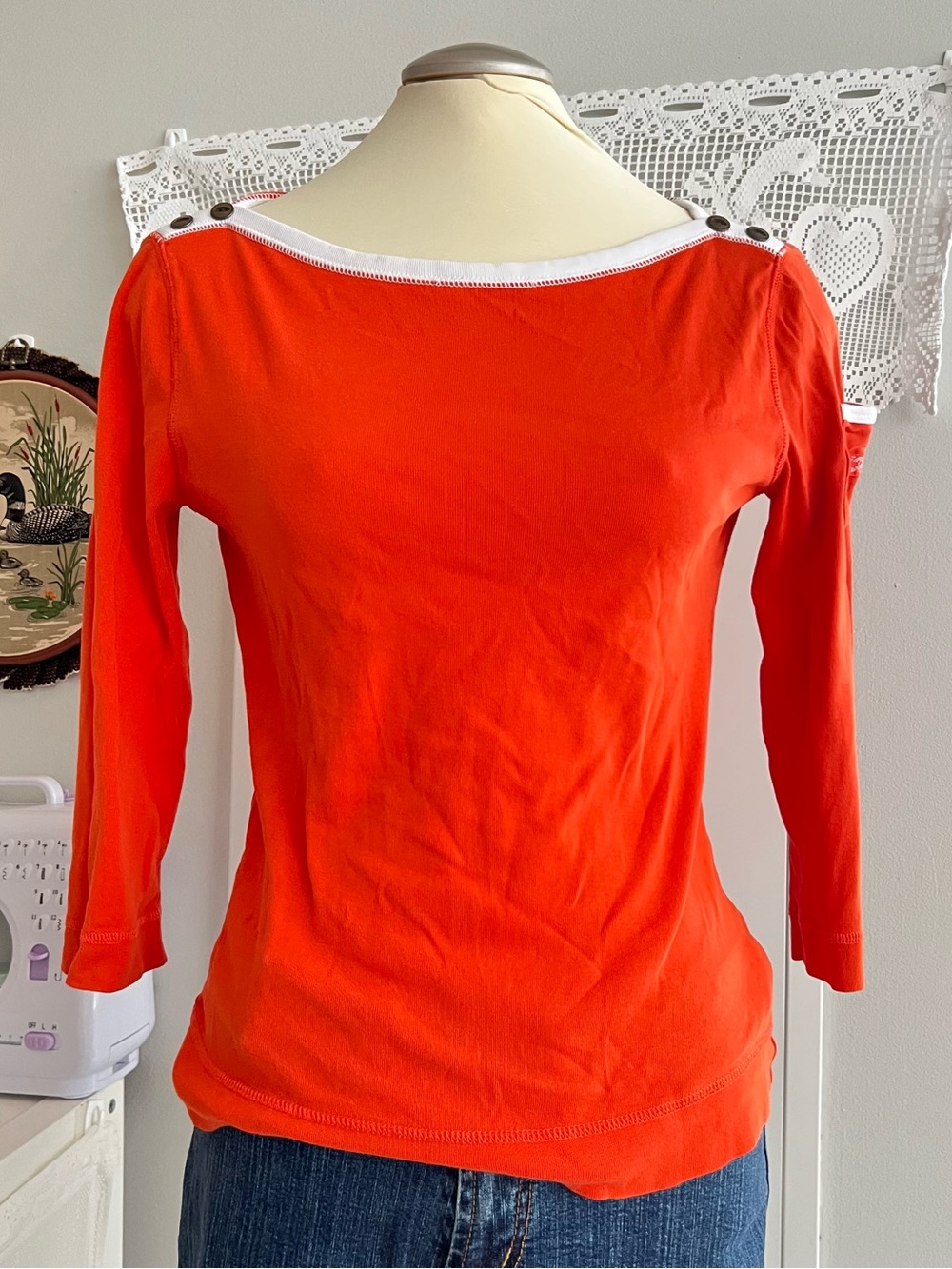 Ralph Lauren Orange Boatneck Three-Quarter Sleeve Top with Button Accents